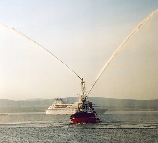 The 'Kincraig' displaying her fire monitors.