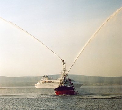 The 'Kincraig' displaying her fire monitors.