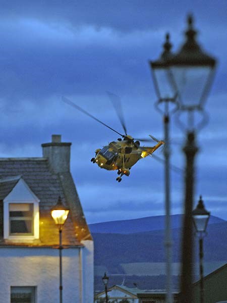 Helicopter taking off as seen from Shore Street