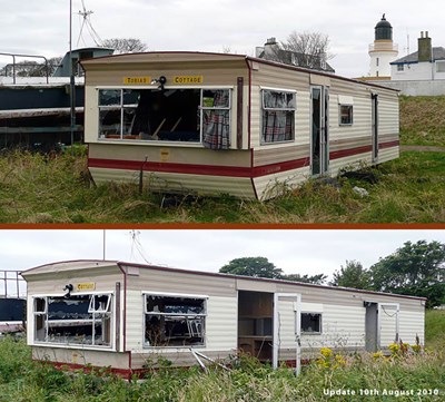 Smashed up caravan on the Links