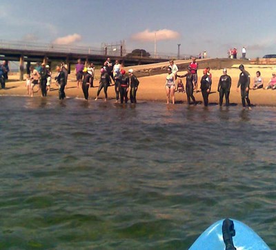 13 of 14 competitors at the start of the 2012 Cromarty Firth Swim at the ferry slip at Nigg