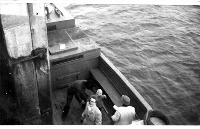 Mam and Caroline on Albert's ferry, Cromarty harbour 1956