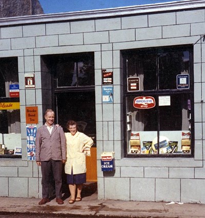 Jean and Roddy McBeath outside their shop