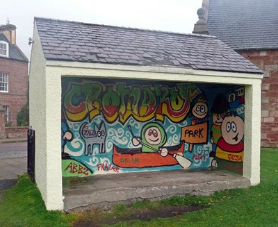 Recently completed graffiti art at the rear of the Victoria Park bus shelter
